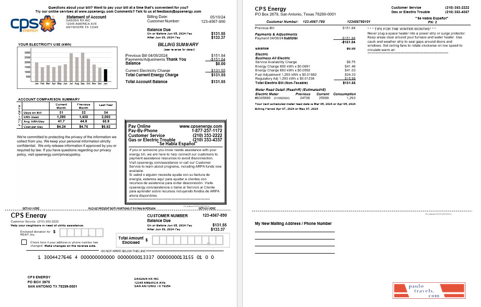 USA CPS ENERGY business utility bill Word and PDF template PSD template